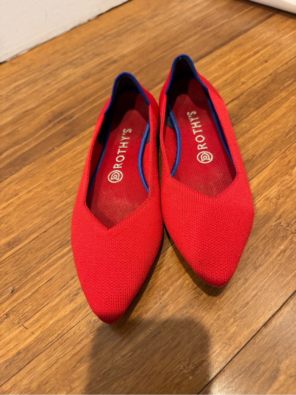 Like New Rothy's Vibrant Red Pointed Knit Flats with Blue Trim